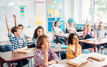 kids raising hands in class