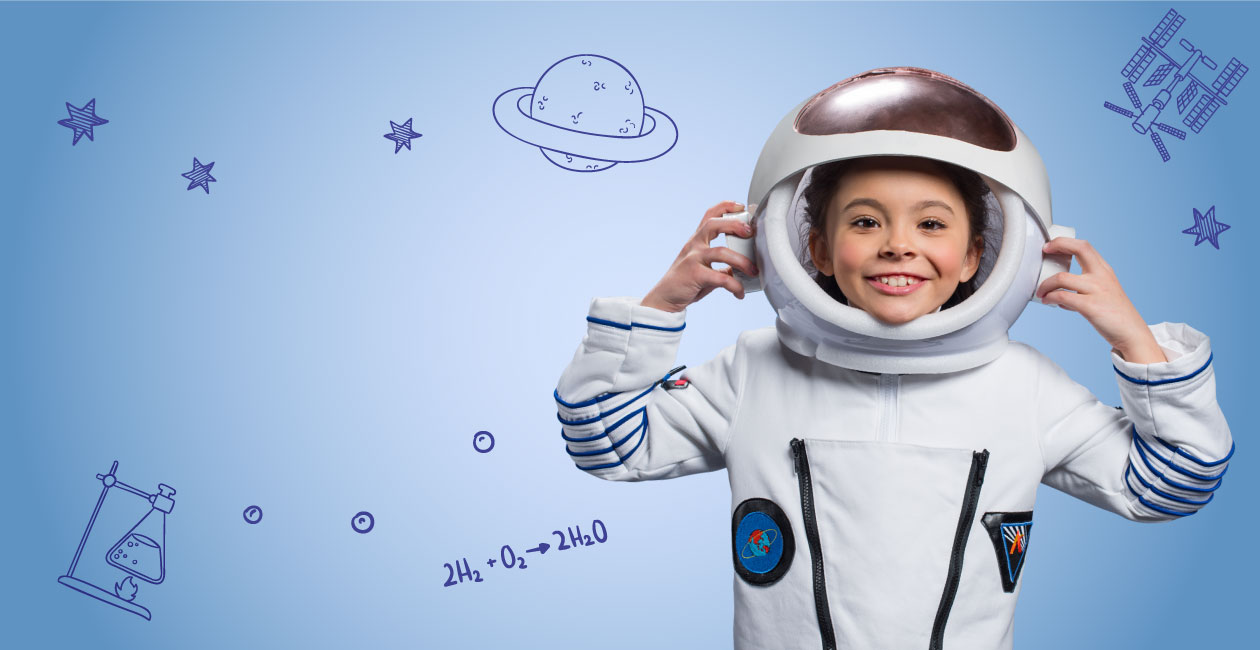 Girl in white space suit and an open helmet with navy blue strips on arms holding side of her head.